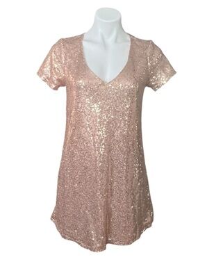 Lulus Rose Gold Sequin Shift Dress V Neck Party Cocktail Dress Small